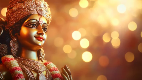 Golden Hindu goddess statue with garland and warm lights.