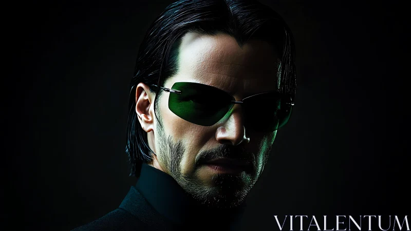 Brooding hero in dark shades holds a quiet, confident gaze