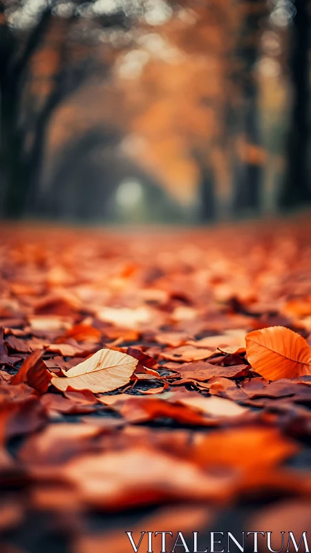 Autumn leaves in shallow focus along blurred tree tunnel.