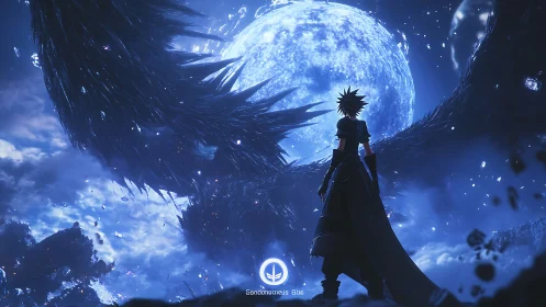 Lone swordsman confronts colossal dark wings before moon