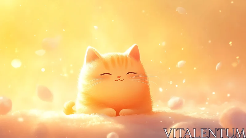 Cute orange kitten resting in warm glowing light field.