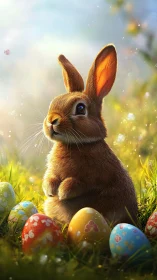 Backlit spring rabbit among patterned Easter eggs in dewy grass