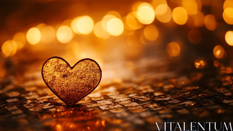 Luminous Heart Glowing Gold Amidst Bokeh Lights.