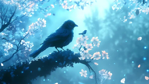 Moonlit feathered guardians over blossom-lit branches.