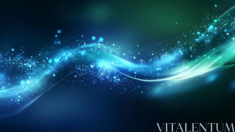 Abstract luminous blue wave with sparkling particles digital art.