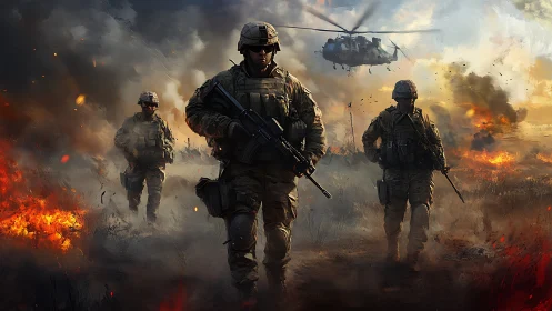 Firelit soldiers stride forward as the battlefield breathes smoke