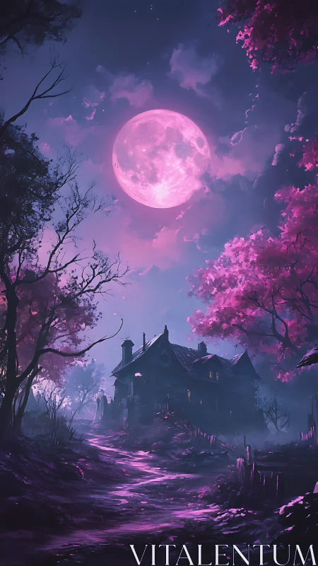 Haunted woodland manor under glowing violet full moon.