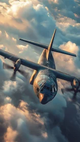 Sturdy transport plane gliding through glowing sunset clouds.