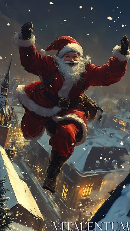 Santa figure in midair over snowy illuminated townscape.
