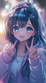 Neon bokeh anime portrait with dual peace sign gesture.