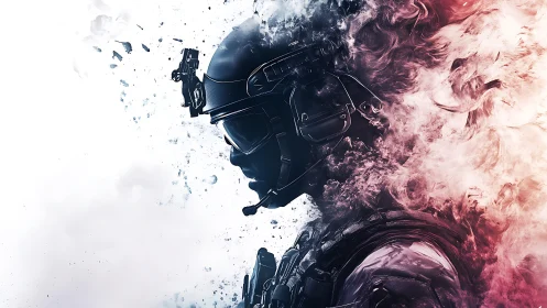 Armored soldier silhouette dissolves into fire and smoke