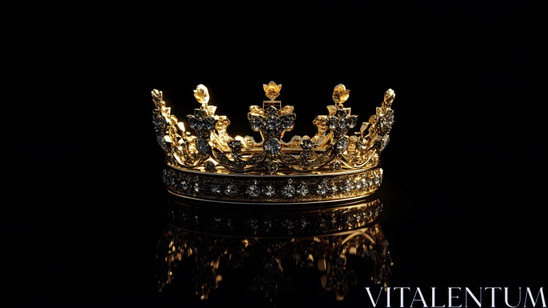 Ornate golden crown with diamonds on black background, elegant style.