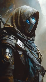 Mysterious hooded android stands ready in glowing blue armor