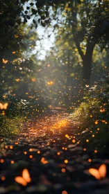 Enchanted forest pathway glows with drifting firefly lights