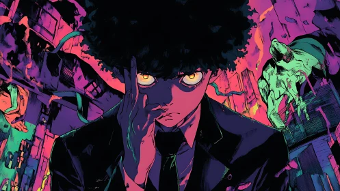 Neon-contrast psychic portrait in glitching urban vortex.