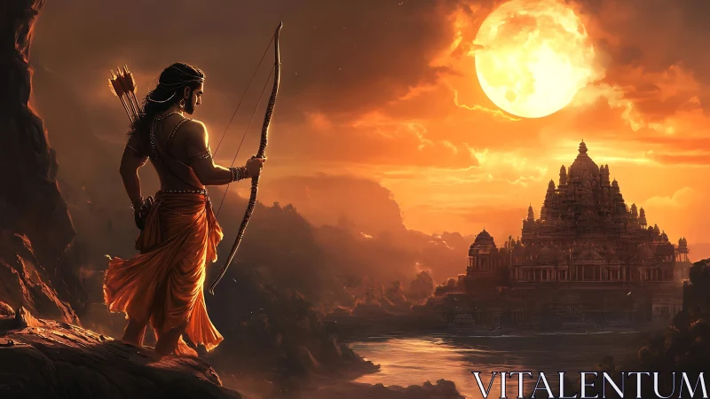 Warrior archer overlooking temple under blazing full moon.