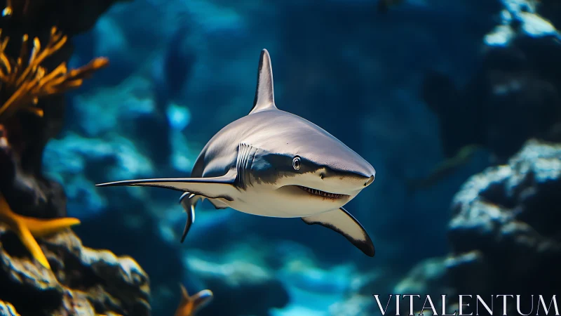 Sleek reef shark glides through a vivid blue ocean world.