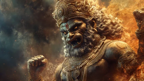 Mythic lion-headed deity roaring amid molten firestorm.