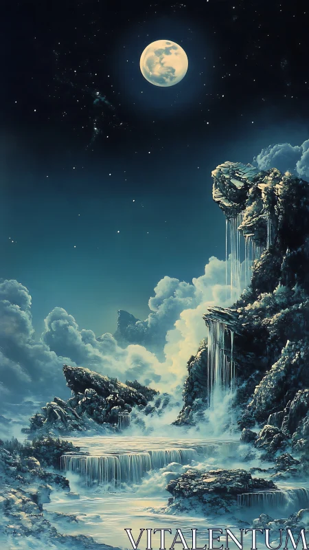 Moonlit tiered waterfalls in rocky clouded landscape scene.