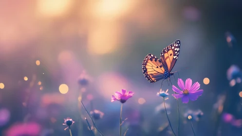 Backlit monarch butterfly on cosmos bloom with shallow bokeh field.