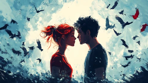 Two Figures Face-to-Face Amid Ethereal Sky With Streaming Birds