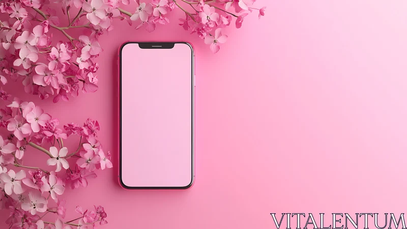 Smartphone with Notched Display Against Pink Floral Gradient Background