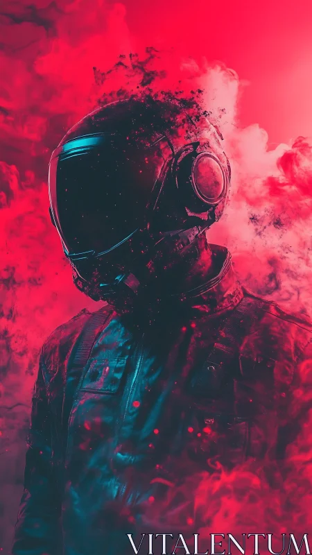 Solitary astronaut figure in red vaporous digital scene.