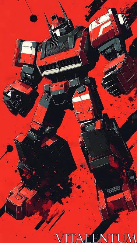 Red and black combat mech in dynamic graphic splatter scene.