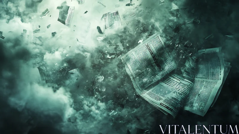 Newspapers disintegrate in turbulent green atmospheric vortex field