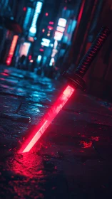 Neon-illuminated katana embedded in rain-slick cyber alleyway.