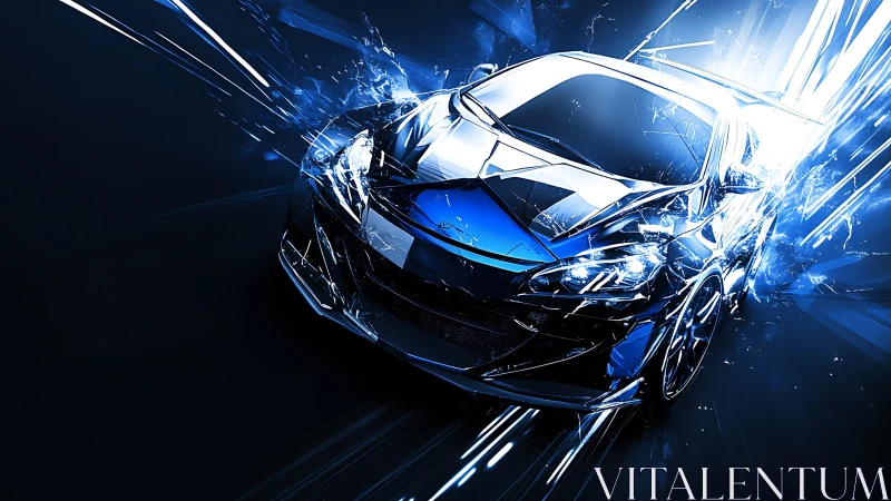Futuristic sports car shatters into neon speed and light