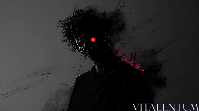 Shadowy figure glows with a single red eye in the dark