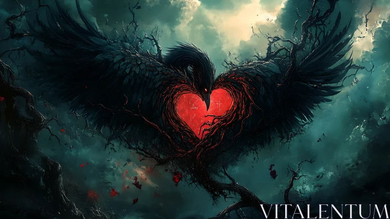 Dark raven heart unfolding in stormy teal twilight sky.
