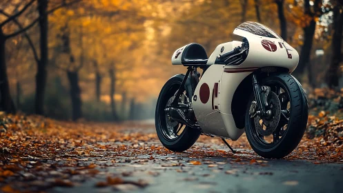 Streamlined retro racing motorcycle in autumn woodland corridor.