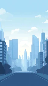 Urban street corridor framed by high-rise city skyline.