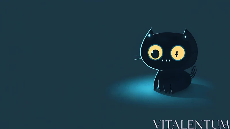 Stylized black cat illustration with luminous eyes against teal background.