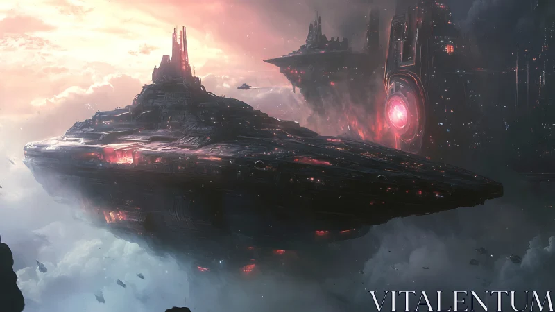 Colossal starship glides through neon-lit storm clouds.