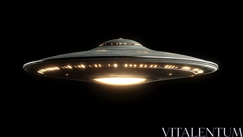 Disc shaped spacecraft with illuminated rim in dark space.