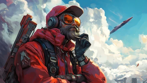 Concept art portrait of airborne sci-fi explorer in red gear.