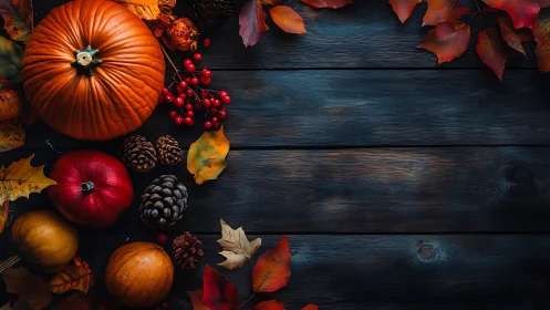 Harvest hush: pumpkins and maple leaves ring dark wood.