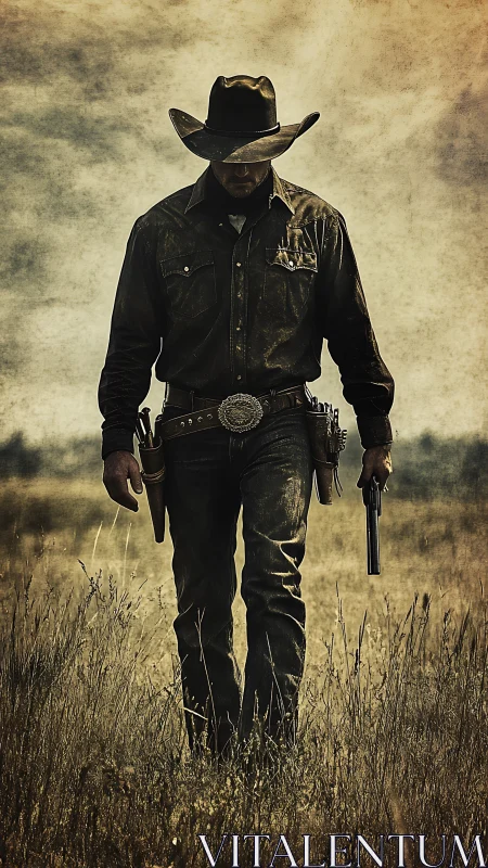 Dusty lone cowboy walks through sunlit prairie grassland.