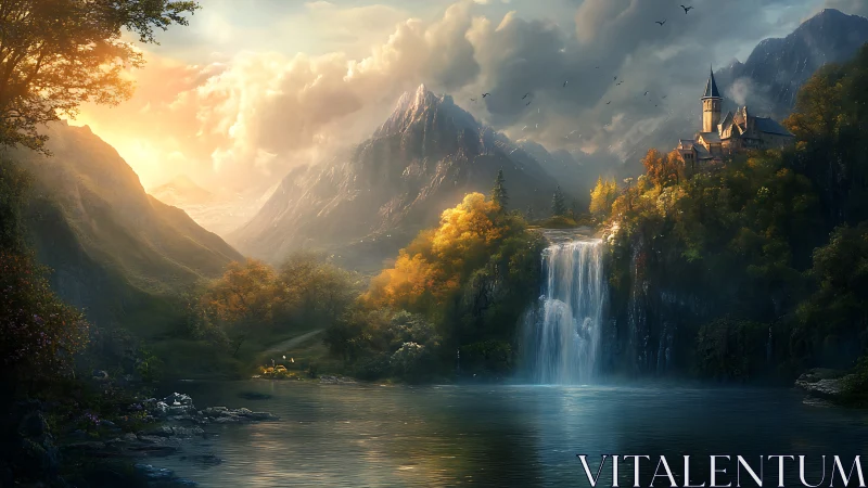 Sunlit mountain waterfall with cliffside castle sanctuary.