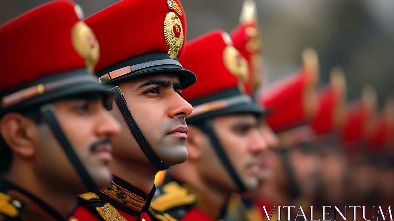 Military honor guard in red ceremonial dress, shallow depth-of-field