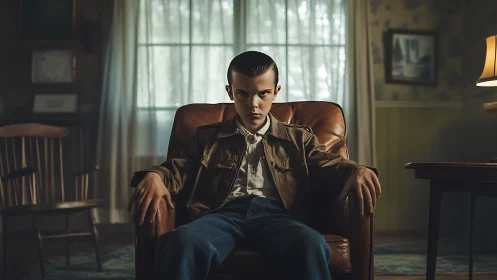 Cinematic portrait of tense youth in retro living room interior.