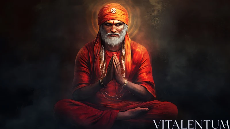 Monochromatic orange mystic in cross-legged meditative posture.