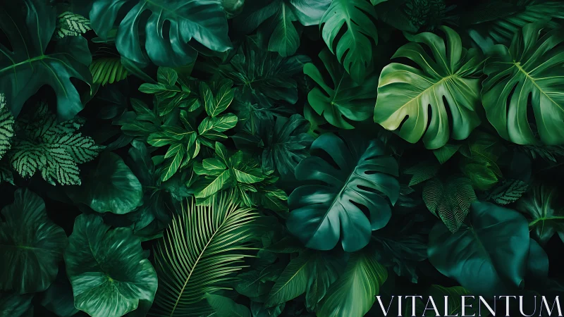 Lush dark green tropical leaves layered in dense pattern.