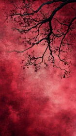 Dark tree branches cut into textured crimson sky field.