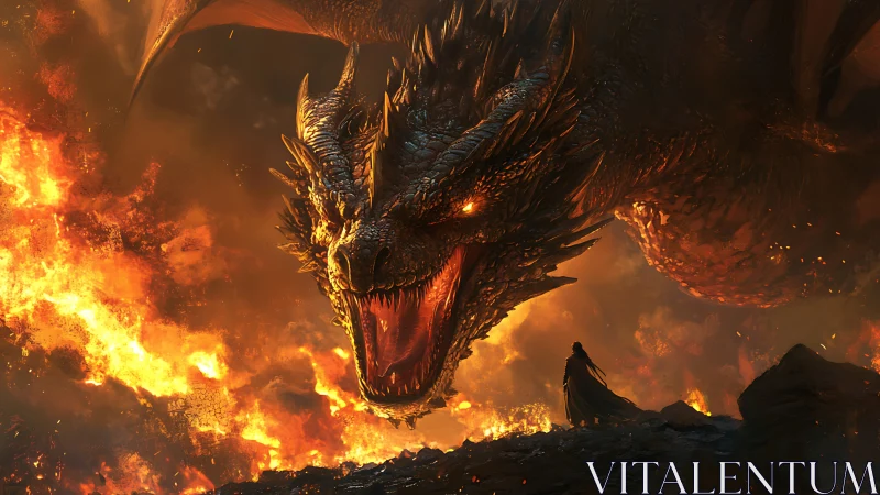 Gigantic fire dragon confronts lone cloaked figure amid flames