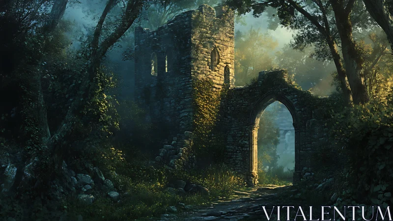 Sunlit ruins inviting wanderers into a secret forest path.