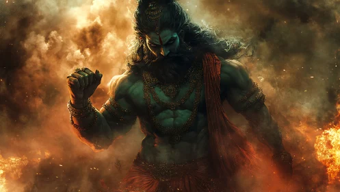 Mythic green warrior stands in fiery smoke filled battleground.